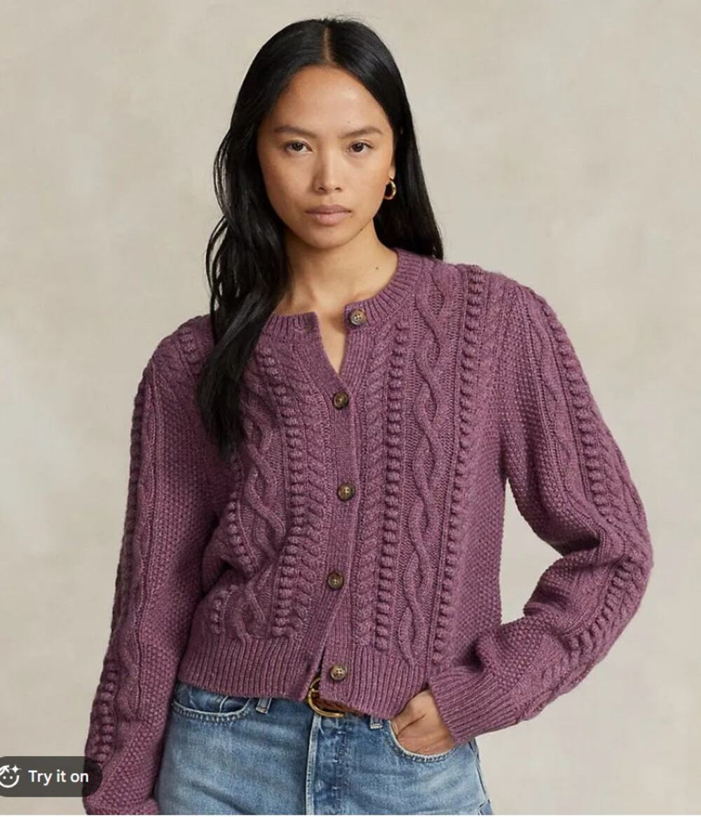 Polo Ralph Lauren Aran Blouson-Sleeve Wool-Blend Cardigan Womans L Purple NWOT
